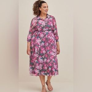 NWT TORRID Maxi Woven Shirt Dress floral pink 2, 2x plus long sleeve